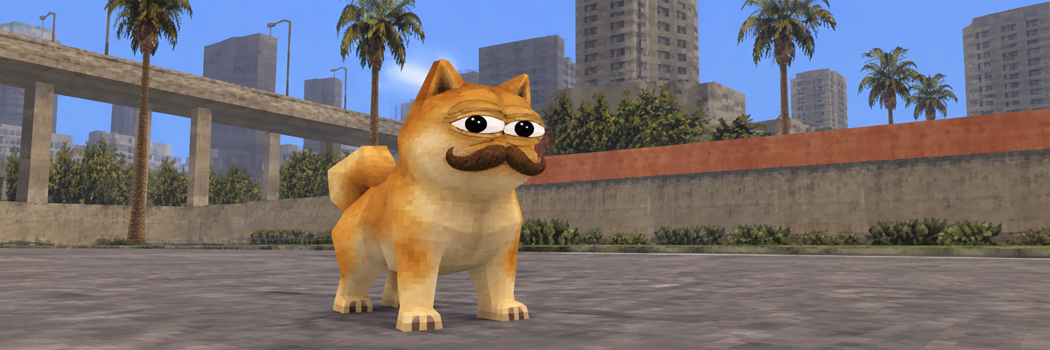 Doge Pepe Mustache, a low-poly shiba with Pepe eyes and a handlebar mustache, standing on a city street